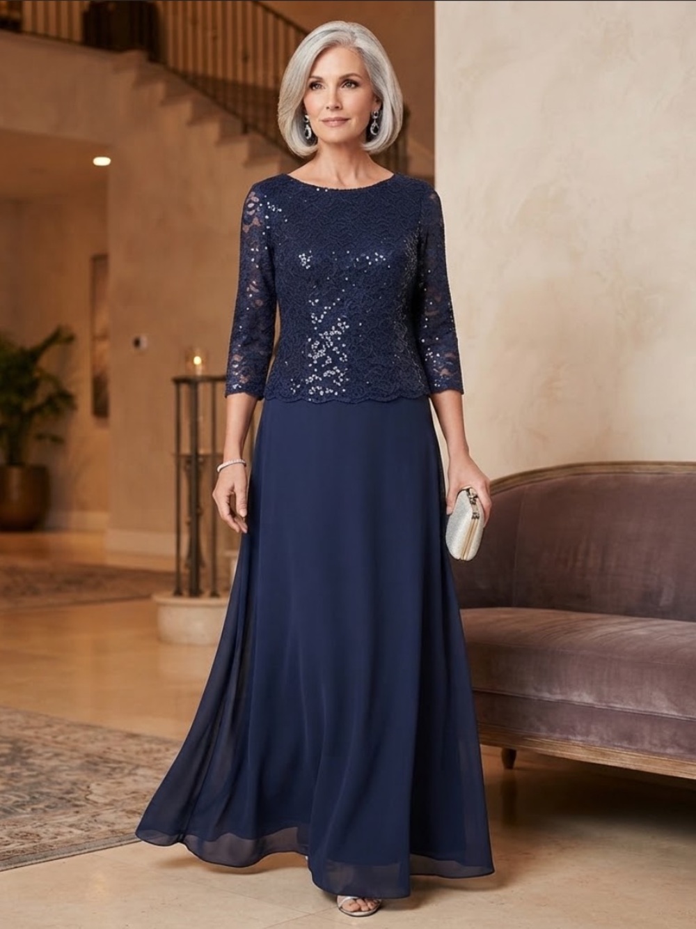 Alex Evenings Petite 10P Navy Blue Sequin Lace Bodice Chiffon Formal Gown Dress